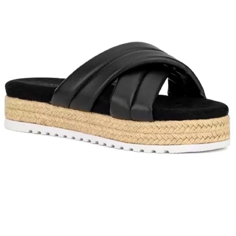 Olivia Miller Women's Black Faux Leather River Platform Slides Sandals